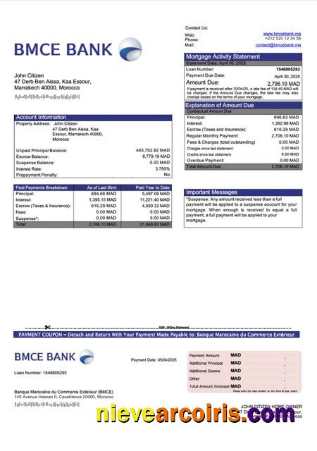Morocco Banque Marocaine du Commerce Extérieur (BMCE) mortgage statement Word and PDF template